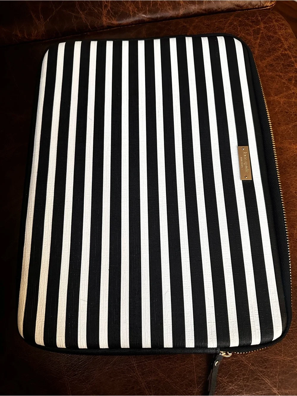 kate spade Black and White Horizontal Stripe computer pouch with Gold Plaque